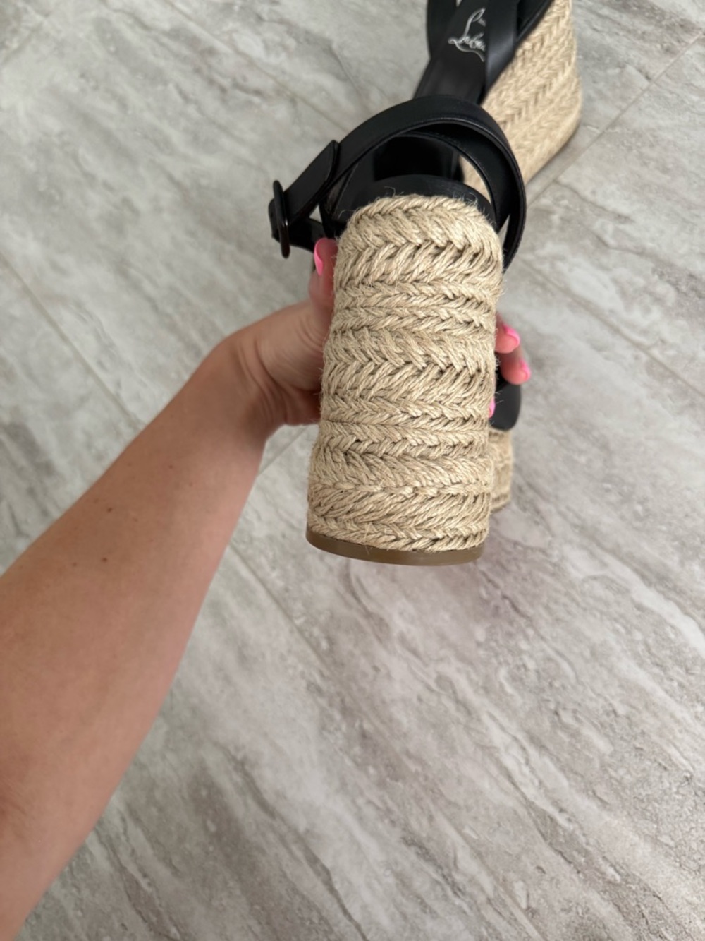 Christian Louboutin Black Leather Espadrille Wedge Sandals - Picture 4 of 13